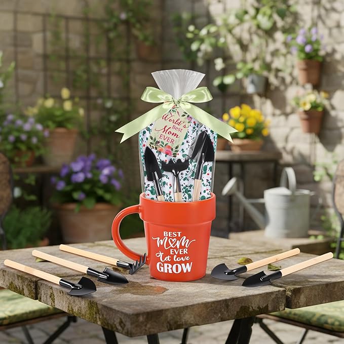 Baderke Gardening Gifts for Women Plant Coffee Mug Gardening Tools Kit with Hand Fork Trowel Gloves Birthday Gift Spring Stuffers White Elephant Gifts for Adults Mom Plant Lovers Women