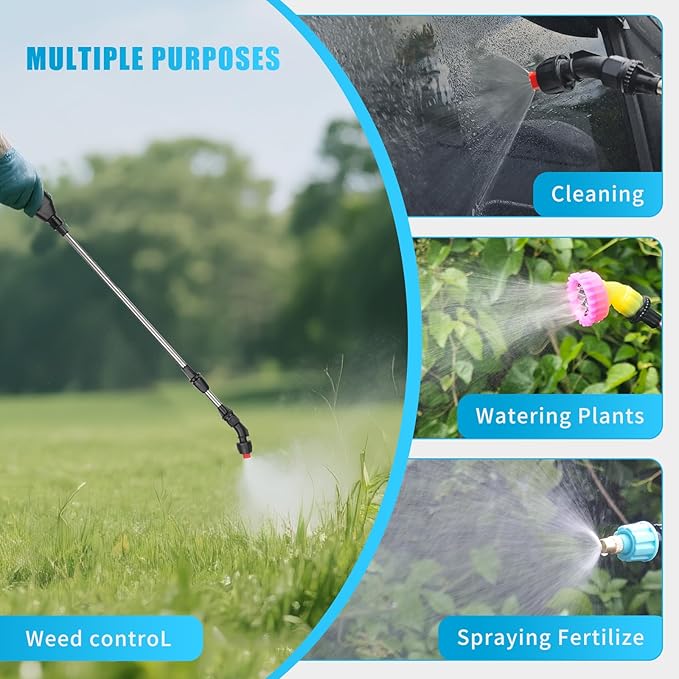 2 Gallon Battery Powered Sprayer - Upgraded Anti-Bend Hose Electric Garden Sprayer, Rechargeable Pump Sprayer with 3 Mist Nozzles, Retractable Wand, Adjustable Strap for Lawn, Plant Watering (Blue)