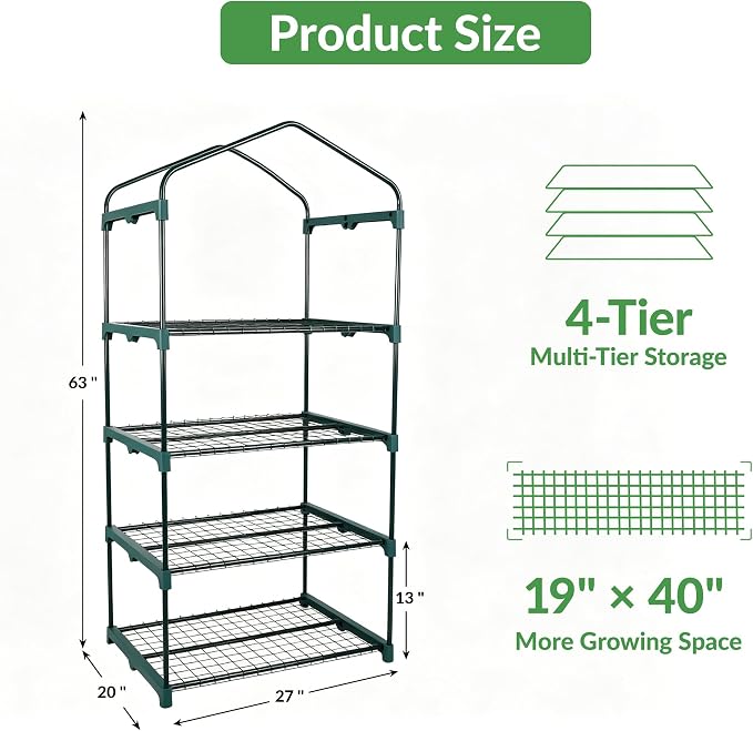 KOL 27x19x63 in PVC Cover 4-Tier Mini Greenhouse, Indoor Outdoor | Portable seed starter plant stand, winter orchid frost protection, for apartment balcony patio
