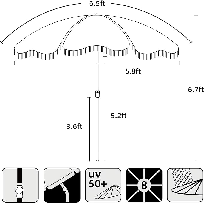 AMMSUN 6.5ft Boho Outdoor Umbrella with Fringe, UPF 50+ Picnic Umbrella with Tassels, Premium Steel Pole and Push Button Tilt, Light Beige