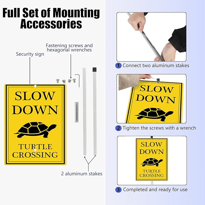 Turtle Crossing Sign With Stakes Slow Down Sign For Neighborhoods Reflective Rustproof Aluminium Yard Garden Stake Caution Sign Farm Lawn Walkway Decorations Animal Signs 8X12 IN