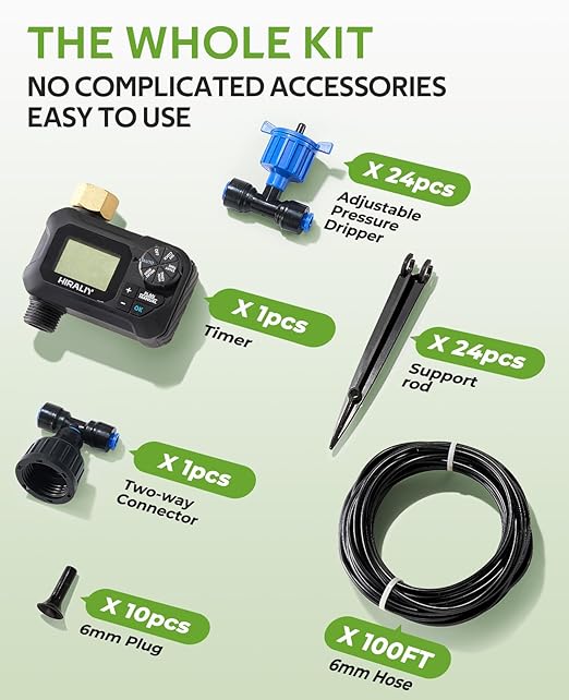HIRALIY 100FT Drip Irrigation System with Timer, Pressure Compensated Watering Kit with 24 Adjustable Emitters, Quick Connect Garden Irrigation for Raised Beds, Greenhouses and Garden Rows