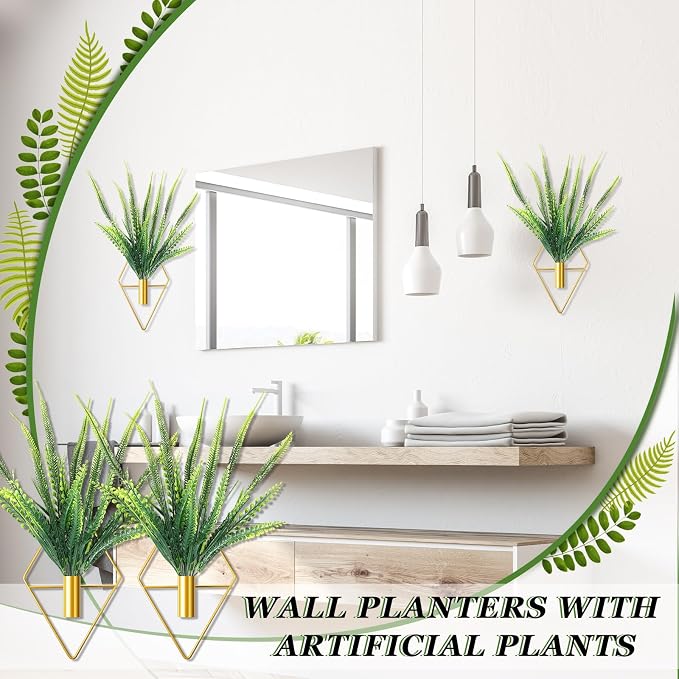 Canlierr 2 Pieces Gold Wall Decor Hanging Planters with Artificial Plants Metal Vase Indoor Plants Holder Modern Geometric Wall Art for Home Bathroom Bedroom Living Room Office(Boston Fern,Large)