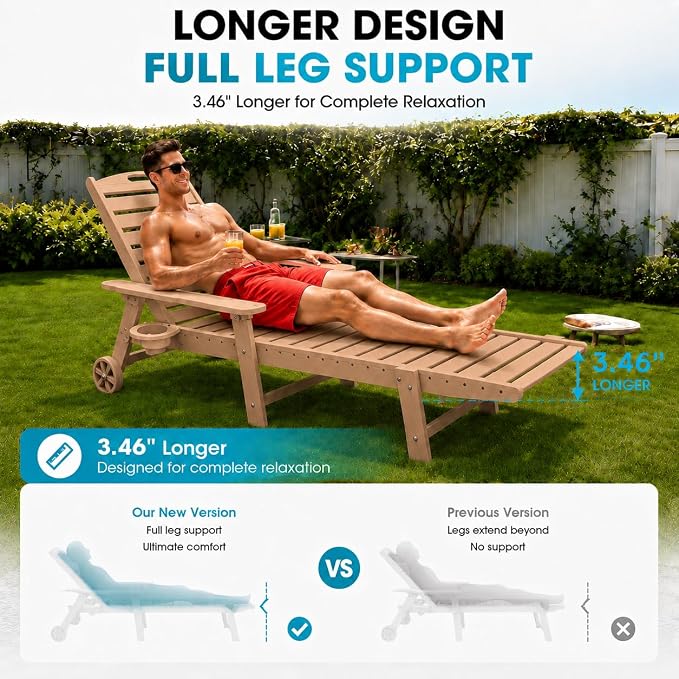 Ciokea Lounge Chair Outdoor, Oversized Chaise Lounge Chair with 5 Positions, HDPE, Patio Lounge Chair with Wheels & Cup Holder for Pool, Deck, Poolside, Teak