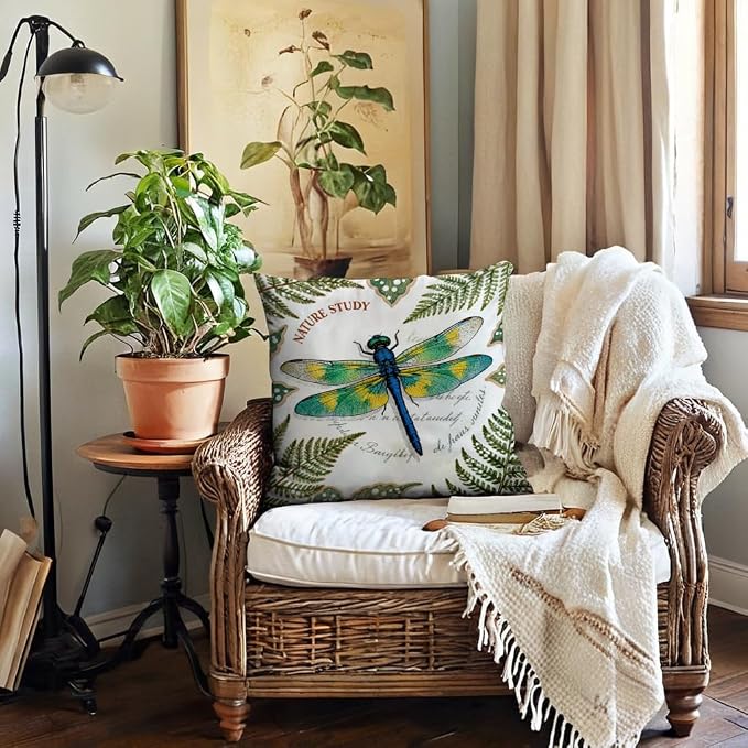 7COLORROOM Vintage Dragonfly Throw Pillow Covers 18x18 Inch,Watercolor Dragonfly Nature Theme Pillowcases Spring Country Style Home Decor Cushion Cases 4Pack,for Sofa Couch Porch Patio (Green)
