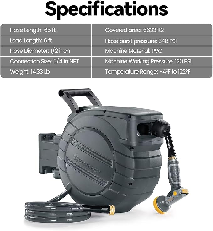 GLAHODEN Retractable Garden Hose Reel 1/2 in x 65 ft, 2025 Upgraded Dual Ratchet Lock UV & Freeze Protection Brass Seal Slow Retraction Anti-Tangle Hose 180°Swivel Reinforced Scaffold Wall Mount