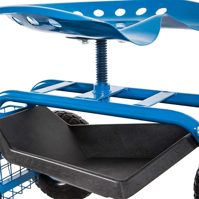 Peach Tree Garden Cart Rolling Work Seat Outdoor Utility Lawn Yard Patio Wagon Scooter for Planting, Adjustable Handle 360 Degree Swivel Seat Blue