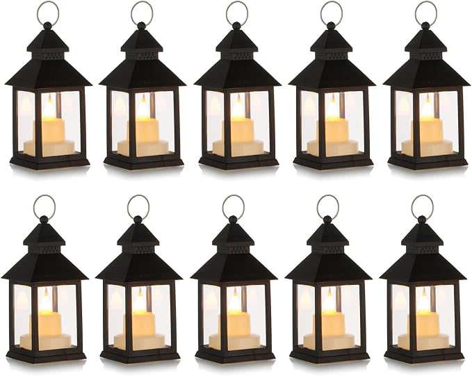 Romadedi Mini Lanterns Decorative for Centerpiece - 10 PCS Hanging Small Black Lantern Bulk with Flickering LED Candles for Halloween Decorations Wedding Decor Christmas Table, Batteries Included