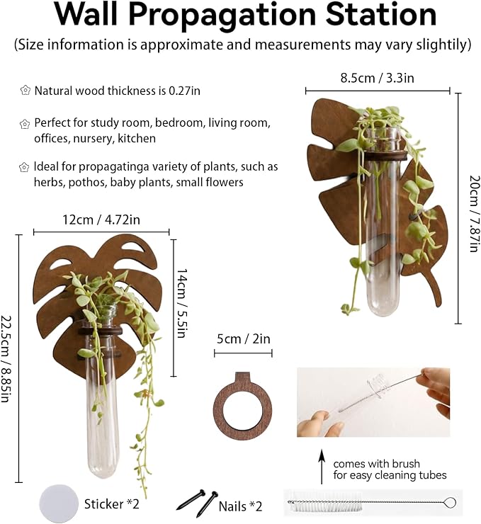 Artilady Plant Propagation Station 2 Pack Wall Hanging Plant Terrarium Holder with Test Tube Wood Window Planter Indoor Decor for Living Room Bedroom Kitchen (Leaves)