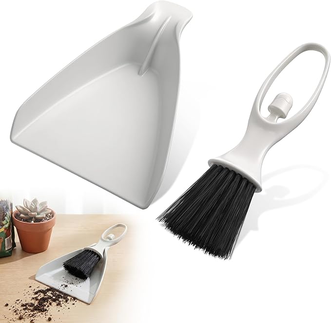 Enhon Mini Soil Scoop with Brush for Indoor Plants, 2 in 1 Plant Potting Tool Set for Mess Free Repotting, Mini Dustpan and Brush Set for Succulents, Bonsai & Desktop Plant Care