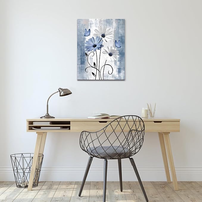 MYUSRE Blue and White Flower Wall Art for Bathroom, Farmhouse Daisy and Butterfly Paintings Rustic Wildflower Nature Plant Framed Canvas Wall Art for Living Room Bedroom Wall Decor, 20L X 16W inches