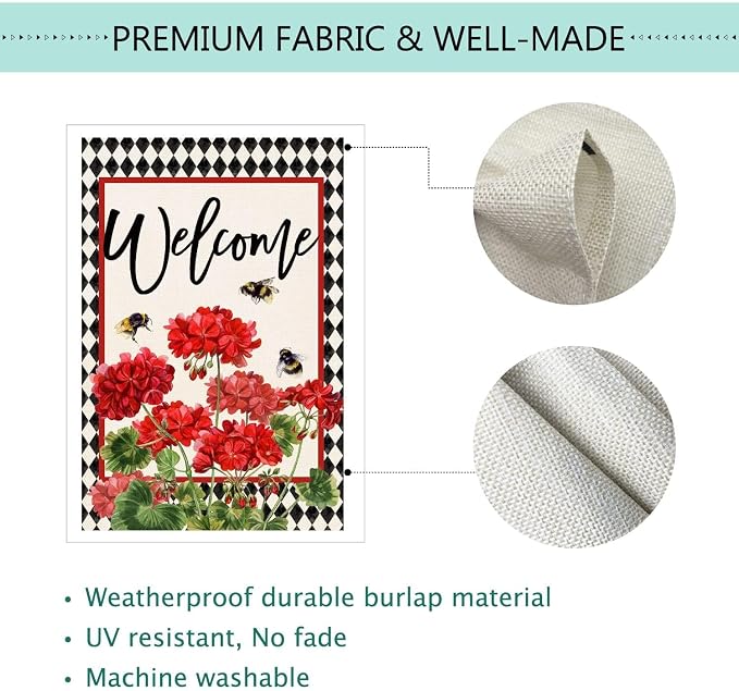 Baccessor Spring Summer Geranium Welcome House Flag Double Sided Summer Bee Red Floral Buffalo Plaid Burlap Large Flag House Seasonal Farmhouse Outside Outdoor Decoration 28 x 40 Inch