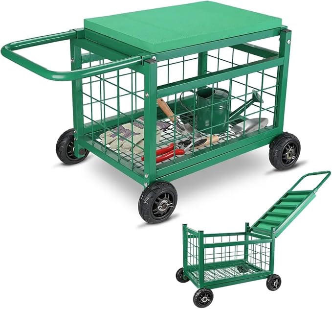 Garden Seat with Wheels, Rolling Garden Stool Heavy Duty Gardening Cart with Seat and 20 Quart Storage Space Use for Patio, Yard, and Outdoors