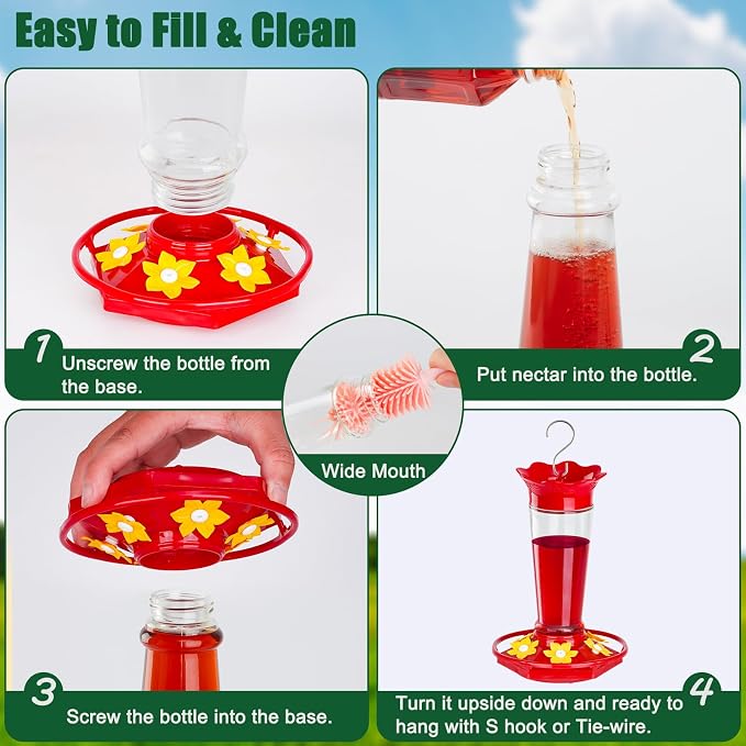 Gbekery Glass Hummingbird Feeders for Outdoors Hanging Ant and Bee Proof Clear 10 OZ 2 Pack Bird Feeders for Outside Hanging 6 Feeding Stations Bird Nectar Feeder for Garden Yard Dรฉcor Gifts for Mom
