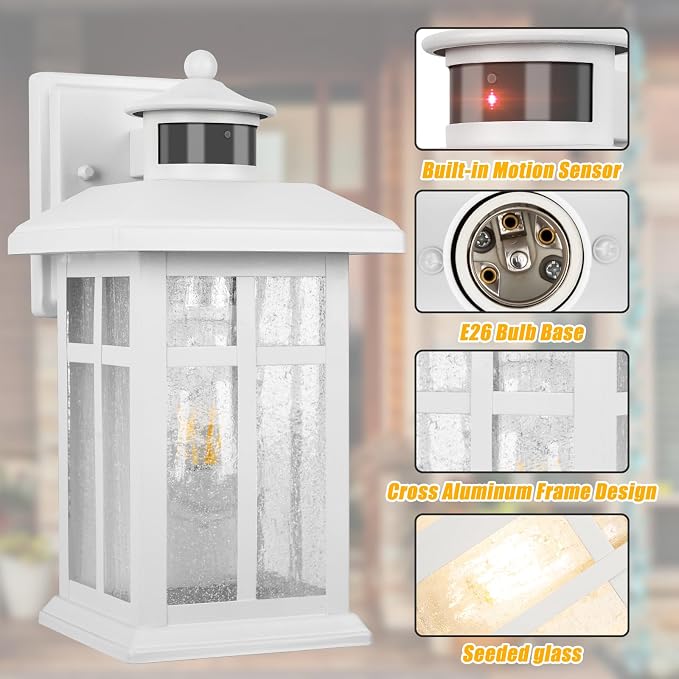 Brilvibera 2 Packs Motion Sensor Outdoor Lights, Outside Light Fixtures for House White, Porch Lights Outdoor 2- Pack with E26 Sockets & Tempered Glass, Waterproof Exterior Wall Lights Motion Sensor