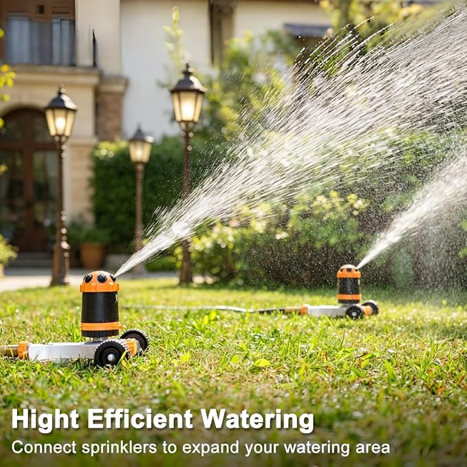FANHAO Gear Drive Lawn Sprinkler with Metal Wheel Base, Heavy Duty 6-Pattern Water Sprinkler System, Adjustable Irrigation Sprinkler for Large Area Watering, Garden Plant, Yard and Flower Bed