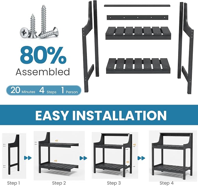 Garden Potting Bench for Outside, HDPE Outdoor Potting Table with Storage Shelves & Tool Hooks, All Weather Planting Workstation for Patio Backyard Garden (Gray)