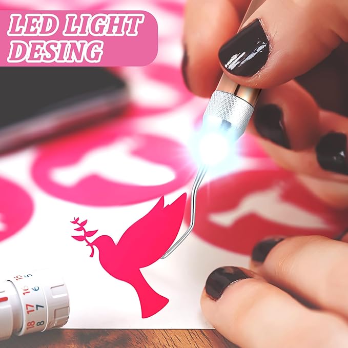 Leriton 4 Pcs LED Weeding Tools for Vinyl with Light Weeding Tool with 5 Different Hooks Lighted Pin Pen Tool for Removing Iron on Tiny Vinyl Paper Crafting Silhouettes DIY(Mixed Color)