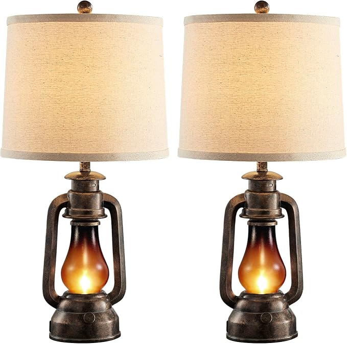 Farmhouse Lantern Table Lamps for Living Room Set of 2 with USB C+A | Vintage Bedroom Resin Lamp, Rustic Retro Bedside Nightstand Desk Lamp, 4 Bulb Included