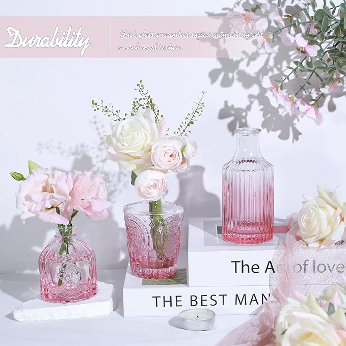 TBWIND Pink Glass Bud Vase Set of 24, Small Flower Vases for Centerpieces in Bulk, Mini Vintage Vase for Wedding Decor, and Home Table Décor