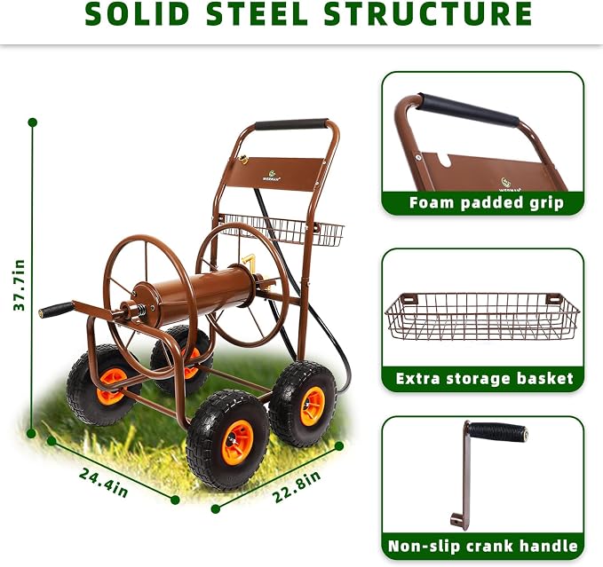 2025 Upgrade Hose Reel Cart, Hold Up to 300 ft of 5/8'', Garden Hose Cart with 4 Wheels, Heavy Duty Freestanding Water Hose Reels for Outside Garden Lawn Yard Outdoor