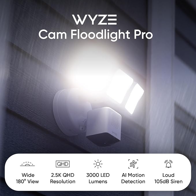 WYZE Floodlight Camera Pro, PCMag Editors' Choice 3000-Lumen LEDs, 2.5K HD Outdoor Security Camera, 180° Wide View, Motion Detection, Color Night Vision, Works with Alexa & Google-White