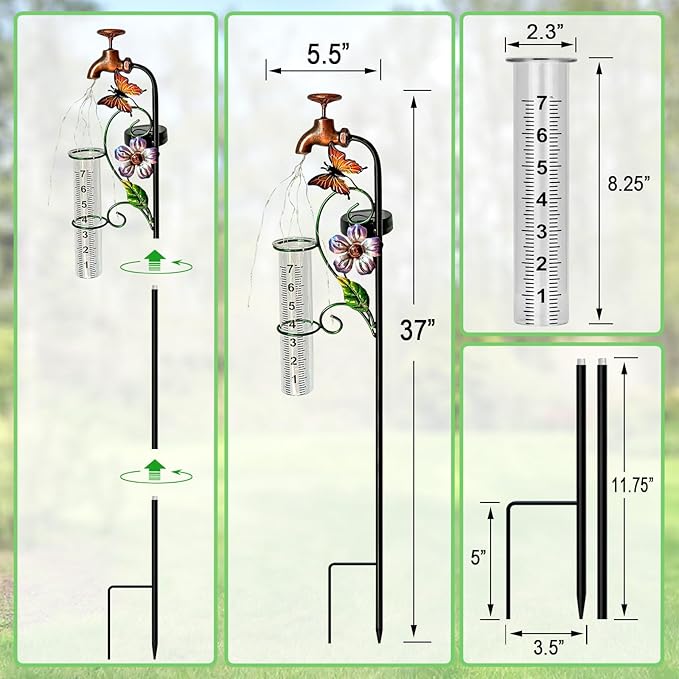 Rain Gauge Outdoor, Decorative Rain Gauge Garden Stake with Butterfly and Flower Design, Copper Faucet Style, Metal Garden Decor for Yard,Garden,Lawn, Pathway, 7" Glass Tube