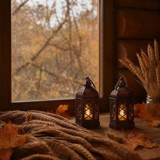 12Pcs Mini Moroccan Lanterns (Brushed Red) with LED Candle - Hanging Vintage Small Lanterns for Ramadan, Wedding, Easter, Christmas, Churches - Table Centerpieces & Medieval/Themed Decor