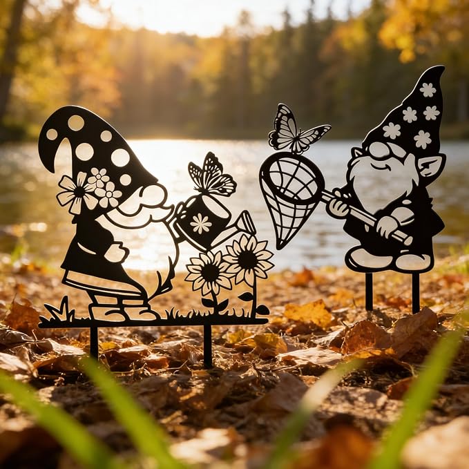 Rngmsi Gnome Metal Garden Stakes Decor, 2PCS Gnomes Gifts for Women Men Mom Wife Grandma, Gnome Yard Decorations Outdoor for Yard Art Outside Patio Lawn Pathway Landscape Ornaments (12 X 11 Inches)