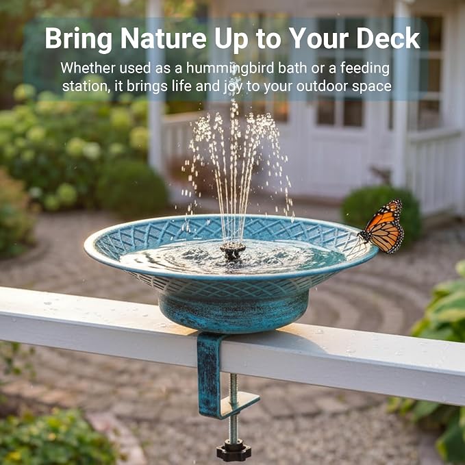 12.6" Solar Bird Bath for Deck Railing, Detachable Metal Bird Bath Bowl with 3.5" Sturdy Clamp, Adjustable Deck Bird Feeder for Outside, 2-in-1 Bird Bath for Patio