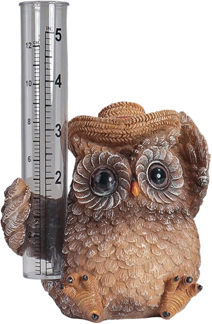 Owl Rain Gauge for Yard Patio, Cute Small Rain Collector Decorative, Unique Outdoor Gardening Garden Ornament with Tube for Home Garden, Deck, Porch, Backyard, Patio & Lawn (Khaki)