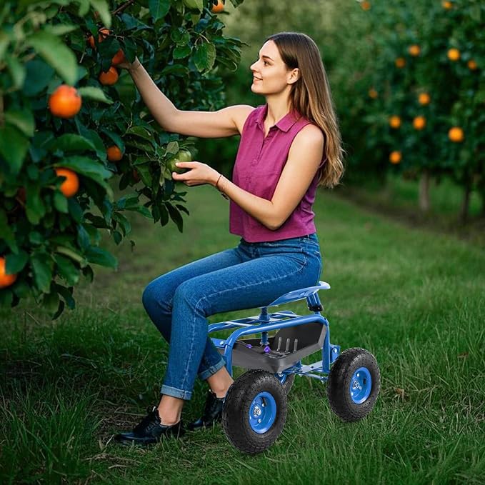 Goplus Rolling Garden Cart with Seat, Outdoor Garden Stool with Wheels, Tool Tray & Basket, Adjustable Steering Handle, 360 Degree Swivel Seat for Planting, Gardening Scooter for Lawn, Yard, Patio