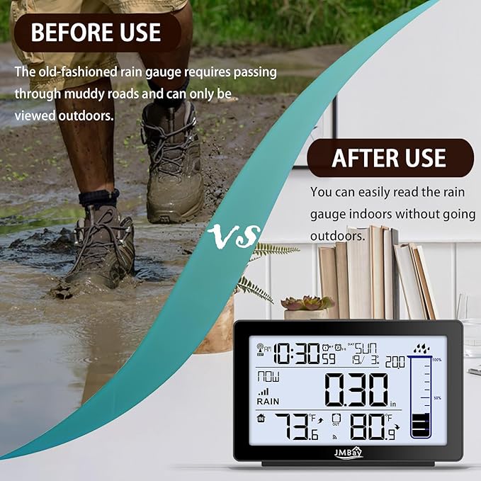 Wireless Rain Gauge Outdoor with Thermometer, High Accurate Digital Rain Gauges Outdoors Best Rated, Electronic Self-Emptying Remote Rain Collector, Freeze Proof Automatic Rain Measure Gauge for Yard