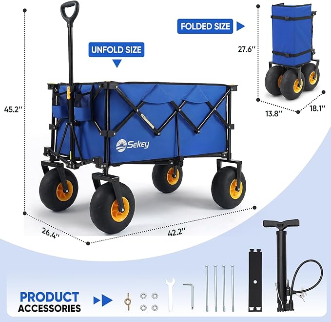 Sekey Heavy Duty Beach Wagon with 9" Big Sand-Proof Wheels โ 600lb Capacity, 200L Oversized Foldable Cart | Adjustable Handle & All-Terrain Tires for Sand, Camping, Groceries