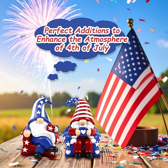 4th of July Gnome Decorations 2 PCS Resin Patriotic Figurines Indoor Collectible Gifts Cute Holiday Decor for Table Home