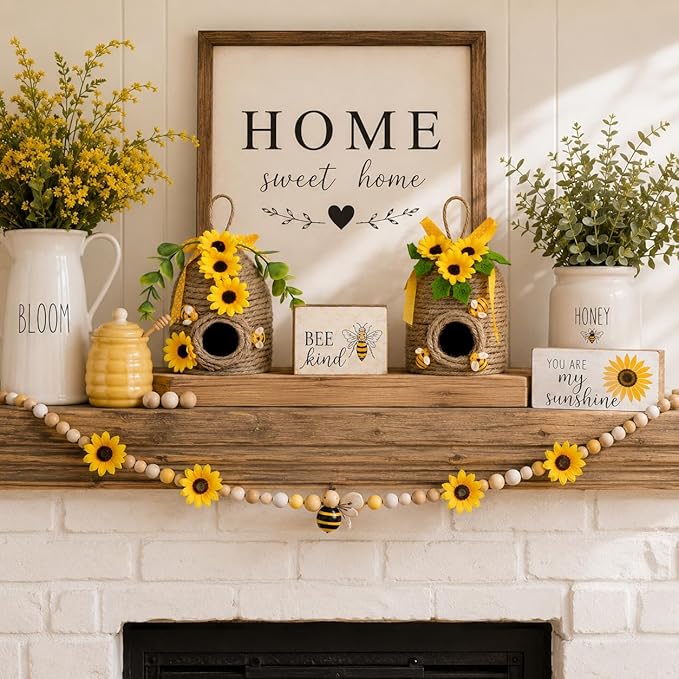 nuvagiki 2 Pack Bee Hive Decor, Farmhouse Bee Decorations with Sunflower, Rustic Bumble Bee Tiered Tray Decor for Kitchen Table, Spring Summer Home Decor