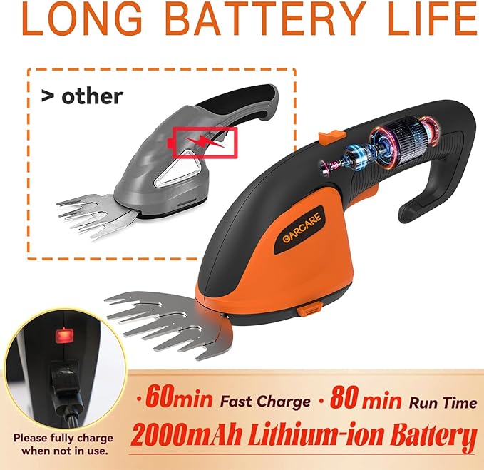GARCARE 2-in-1 Cordless Grass Shear & Shrub Trimmer, 7.2V Lightweight Handheld Grass Trimmer, Cordless Trimmer for Bushes with 2000mAh Battery & Type-C Charging