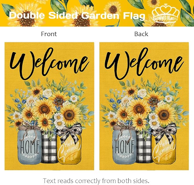 CROWNED BEAUTY Summer Garden Flag Sunflowers Mason Jars 12x18 Inch Double Sided Small Yellow Floral Seasonal Holiday Decoration for Outside Yard