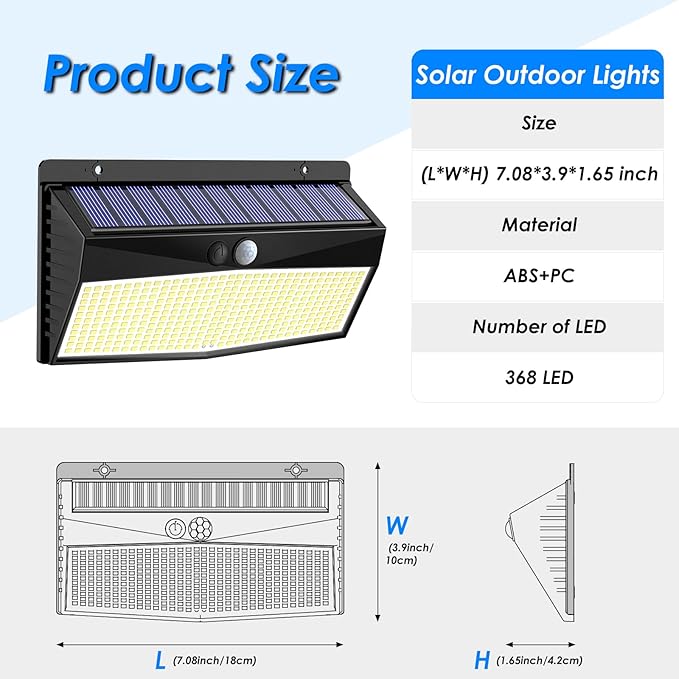 5 Pack 368 LED Solar Lights Outdoor Motion Sensor, Solar Fence Light with 3 Lighting Modes, Solar Powered Security Lights Waterproof for Outside Yard Wall Garden Backyard Step Garage