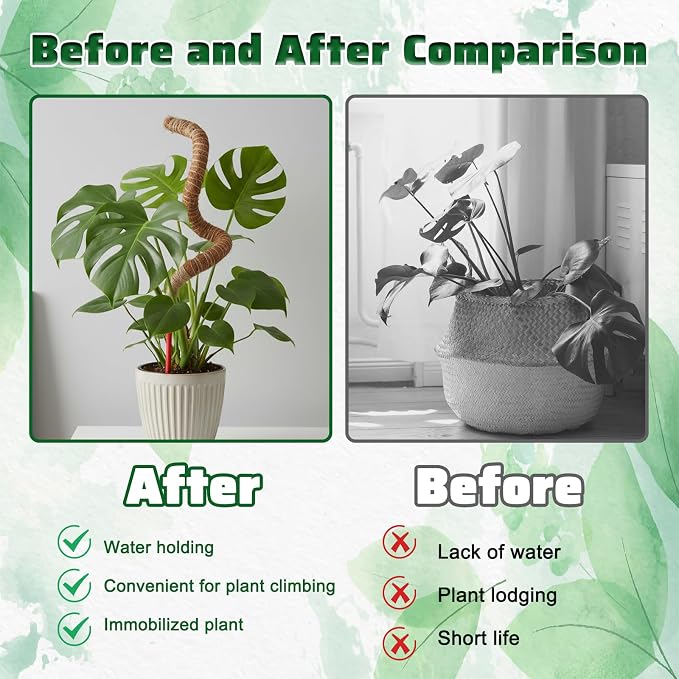 4 Pcs Bendable Moss Pole for Monstera Plant Support, 24” Natural Handmade Coir Pole Stick for Climbing Plants Indoor Plant Stakes Real Moss Poles for Potted Plants to Grow Upwards