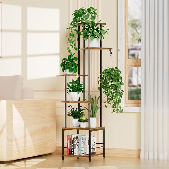 Homsorout Plant Stand Indoor with Grow Light - 6-Tier Metal Plant Shelf with Hanging Basket Hook, Corner Tall Flower Holder for Multiple Plants, Living Room Balcony Garden Patio, Rustic