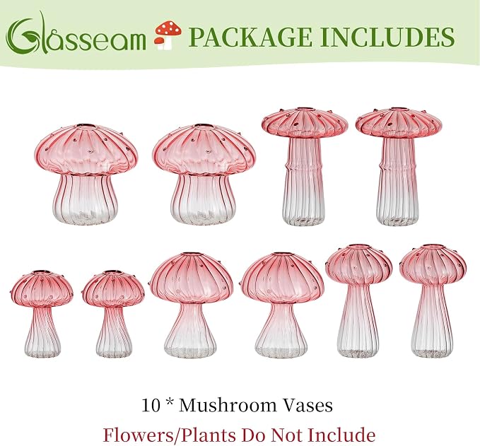 Glasseam Mushroom Plant Propagation Stations: Pink Glass Terrarium Jar Set of 10 Cute Planters for Indoor Plants Mini Propagate Station Unique Christmas Birthday Gifts for Women Home Office Decor