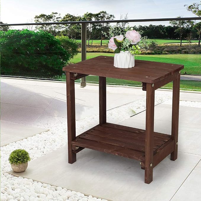 Patio Coffee Bistro Side Table,Indoor Outdoor Small Wooden Rectangular Side End Table,Modern Wood Bedside Table,with Shelf,for Garden Yard Lawn Balcony (Brown)