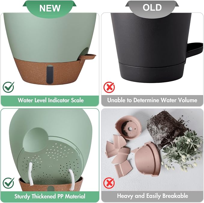 5-Pack Self Watering Pots for Indoor Plants, 10/9/8/7/6.5Inch PP Plastic Monstera Pot & Pothos Planter with Water Level Indicator, Spider Plant Pots Indoor, Self Watering Planters for Plants, Green