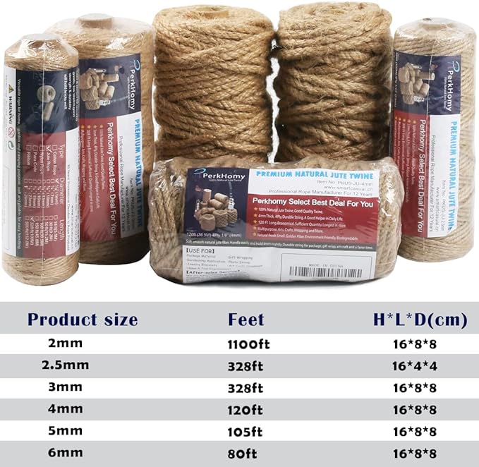 PerkHomy 5mm Jute Rope 105 Feet Twisted Heavy Duty and Thick Twine Rope for Cat Scratcher Scratching Post Tree Craft Projects Gardening Home Decoration Packing Bundling (105FT * 5mm)