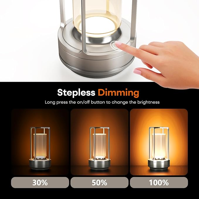 HAPYGI Portable Metal Table Lamp for Indoor/Outdoor,Rechargeable Cordless LED Lamp, 3-Colour Infinitely Dimming Battery Powered Small Desk Lamp, Restaurant/Bedroom/Bar/Coffee/Camping Light (Silver)