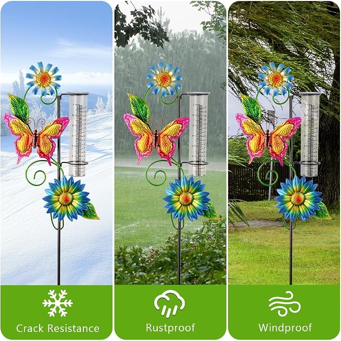 Rain Gauge Outdoor, Butterfly Rain Gauge with Metal Stake, 7 Inch Tube Rainfall Measurement, Decorative Rain Measure Tool for Patio, Lawn, Garden