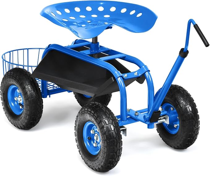 Rolling Garden Seat, Garden Stool with Wheels, Extendable Handle, Storage Basket & Tool Tray, Garden Scooter with 360 Degree Swivel Seat for Outdoor, Garden & Yard (Blue)