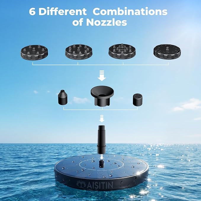 AISITIN Solar Bird Bath Fountain Pump, Solar Fountain for Bird Bath with 6 Nozzles, Solar Powered Water Fountain Pump for Garden, Ponds, Pool, Fish Tank and Outdoor