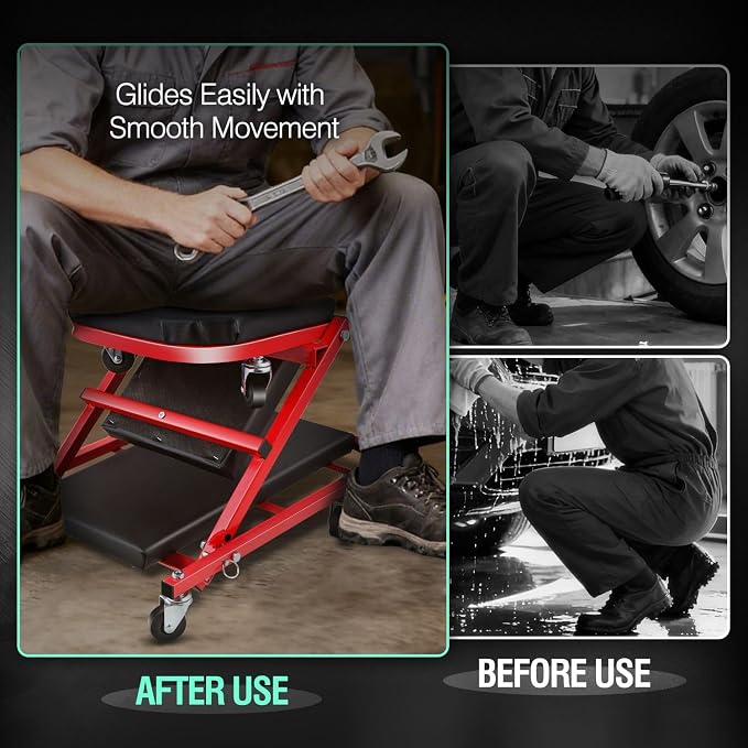 DNA MOTORING TOOLS-00186 40 Inches 2 IN 1 Rolling Folding Car Creeper/Seat, 6 Pcs 2" Casters, 150kg Weight Capacity, Red